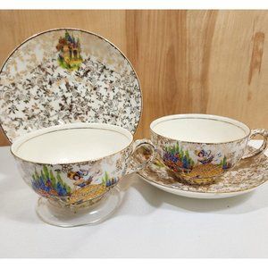 2)Empire Porcelain 9202 Teacups Saucers England women in garden gold chintz 1950